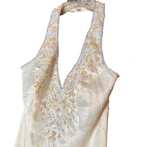 Morgan Co Vintage Halter Gown Womens Size 1/2 Ivory Beaded Sequin Prom Formal